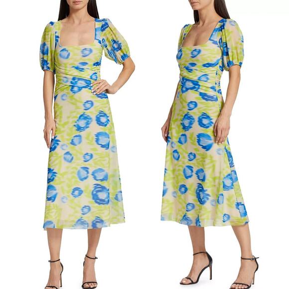 GANNI Lime Blue Abstract Floral Crisscross Mesh Midi Dress Size 34 - Picture 1 of 9